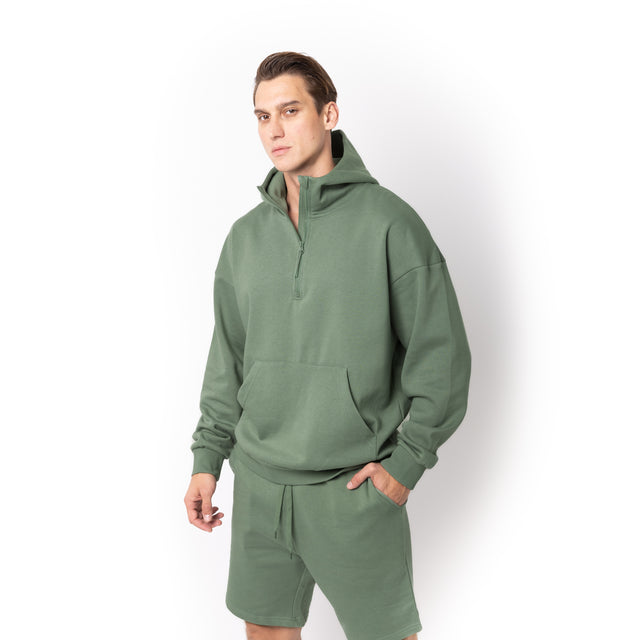 HERO-4220 Unisex Drop Shoulder 1/2 Zip Hoodie - Dusty Green