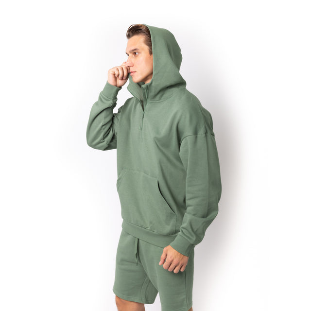 HERO-4220 Unisex Drop Shoulder 1/2 Zip Hoodie - Dusty Green