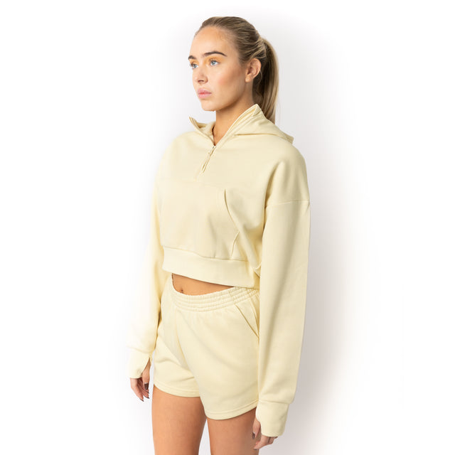 HERO-4220C Cropped Drop Shoulder 1/2 Zip Hoodie - Ivory