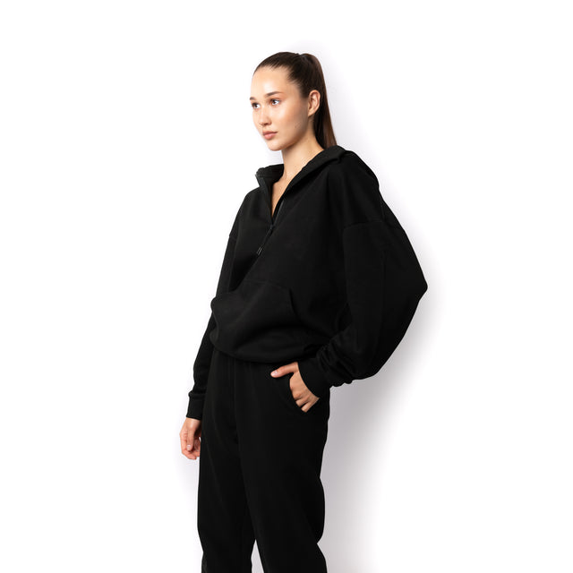 HERO-4220 Unisex Drop Shoulder 1/2 Zip Hoodie - Black