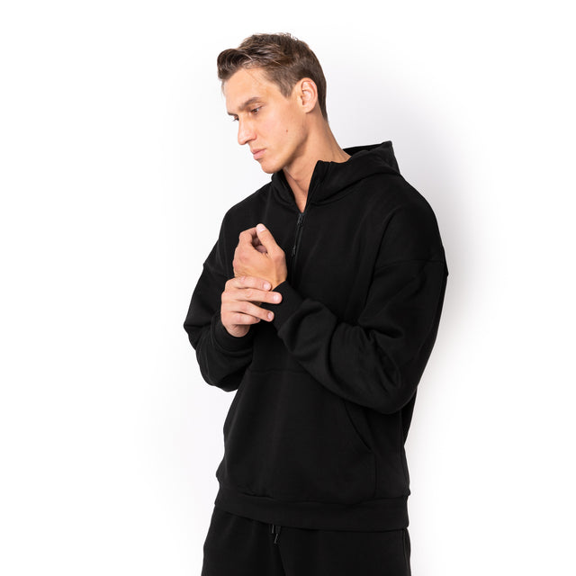 HERO-4220 Unisex Drop Shoulder 1/2 Zip Hoodie - Black