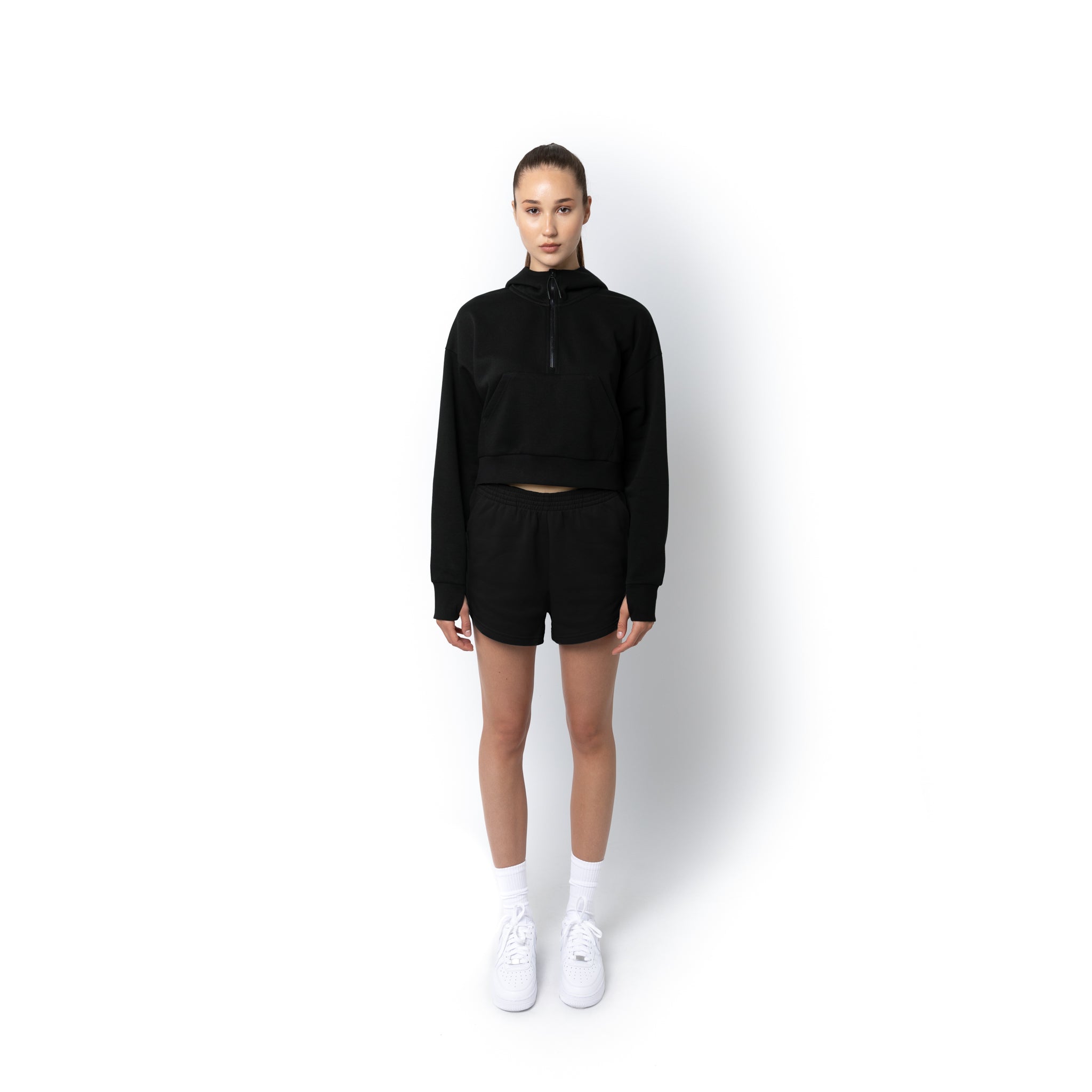 HERO-4220C Cropped Drop Shoulder 1/2 Zip Hoodie - Black – Just