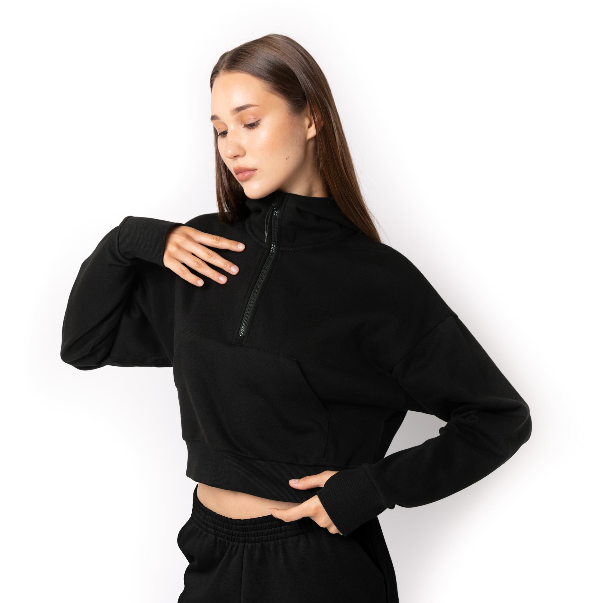 HERO-4220C Cropped Drop Shoulder 1/2 Zip Hoodie - Black – Just